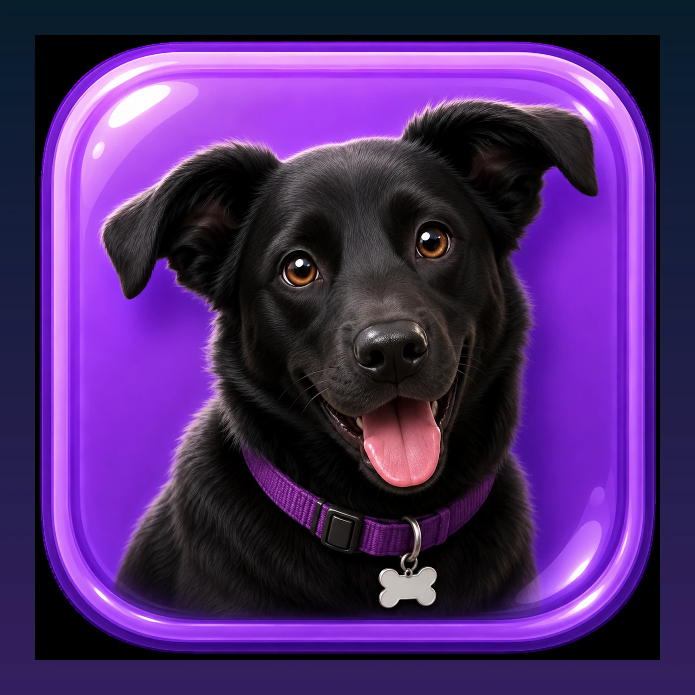 Buttercup, a solid black Lab Chow mix with brown eyes and a purple collar.